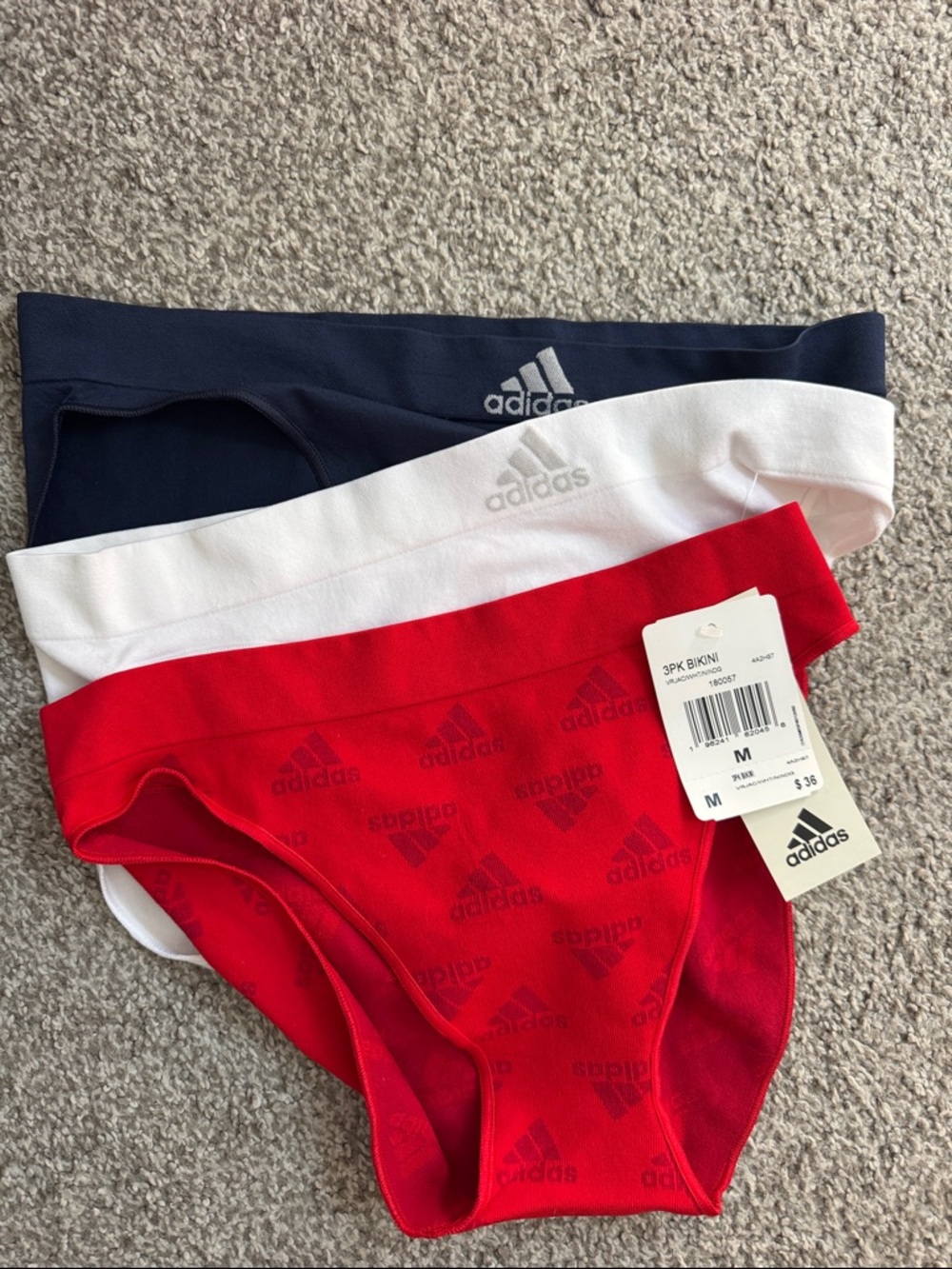 adidas womens 3-Pack Bikini Briefs in Navy, White & Red